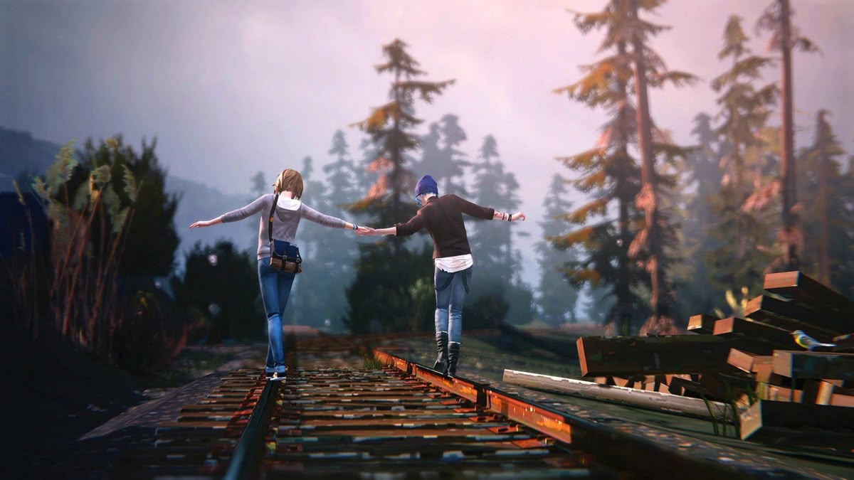 Max and Chloe balancing on rails in a misty forest (Life is Strange)